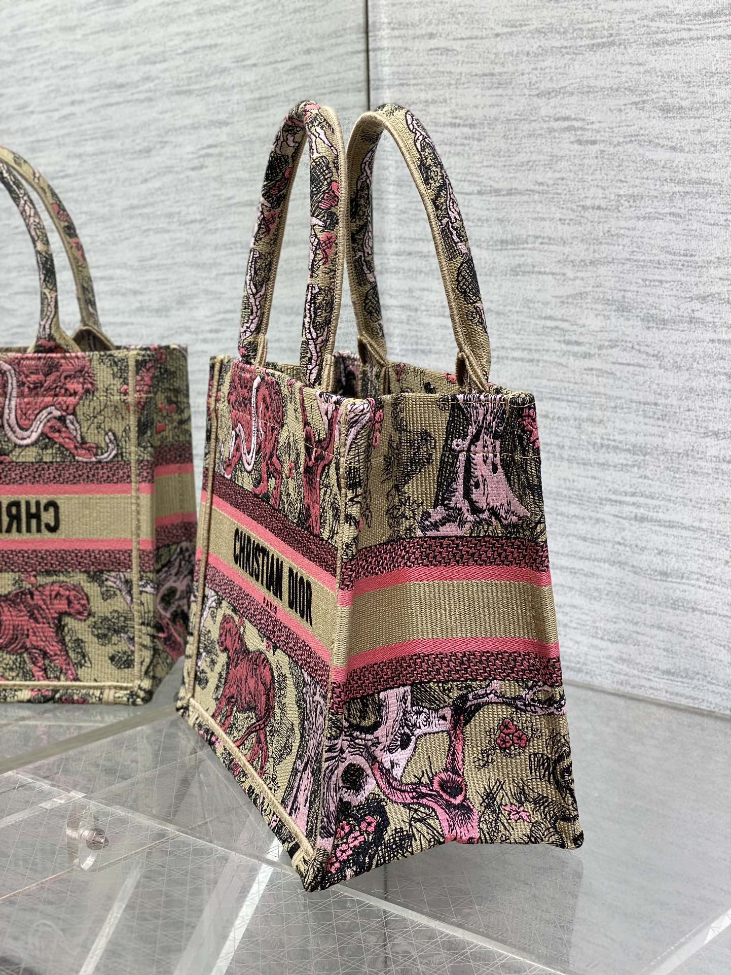 Small Dior Book Tote Bag Raffa with Candy Pink Toile de Jouy Reverse Embroidery